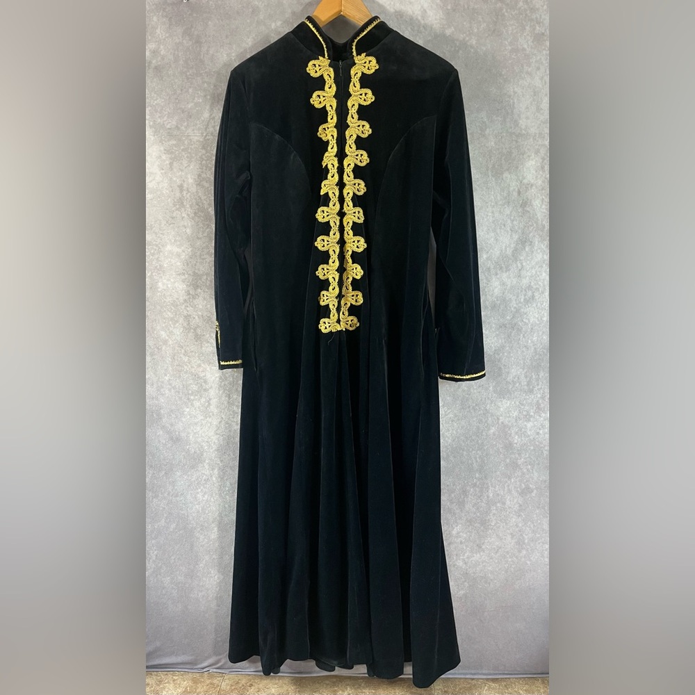 David Brown California Velvet Gown Women XS Black Gold Soutache Vintage Hostess